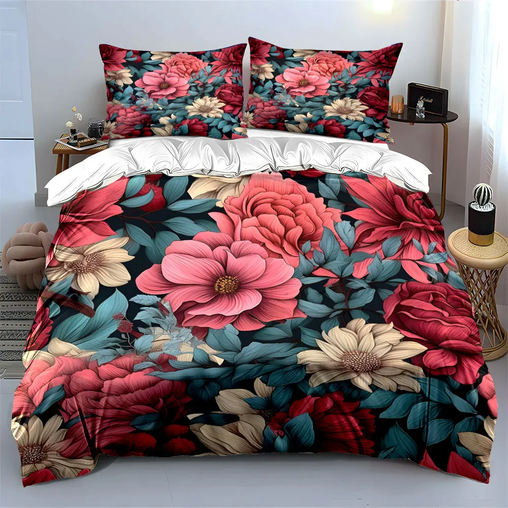 Vibrant floral illustration Print Bedding set 3PC 1 duvet cover 2 pillowcases adult and children bedding set Luxury gifts
