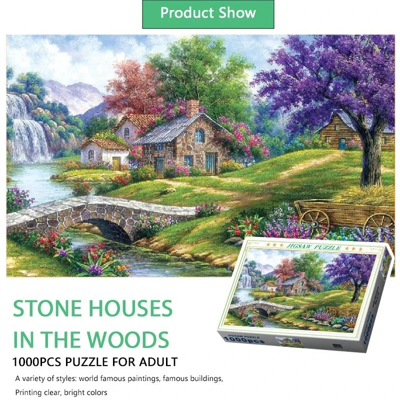 75*50cm Adult 1000PCS Paper Jigsaw Puzzle Stone Houses in The Woods Landscape Series Stress Relief Entertainment Children Toy