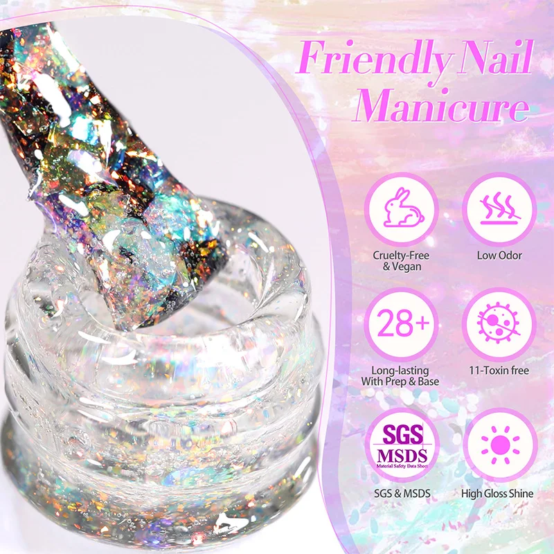 BORN PRETTY 10ml Sequins Gel Nail Polish Holographic Glitter Ultra Shine Semi Permanent Soak Off UV Gel Nail Art Varnish