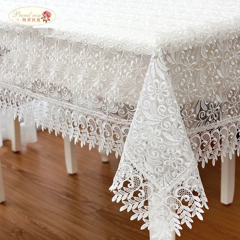 Proud Rose White Lace Tables Cloth Wedding Party Translucent Table Protector Cover Embroidered Tablecloth Tea Towel Home Decor