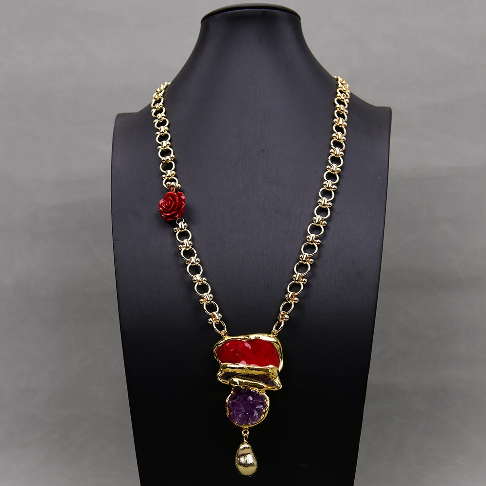 G-G 24'' Red Coral Amethyst Druzy White Quartz Brushed Bead Pendant Gold Plated Chain Long Necklace