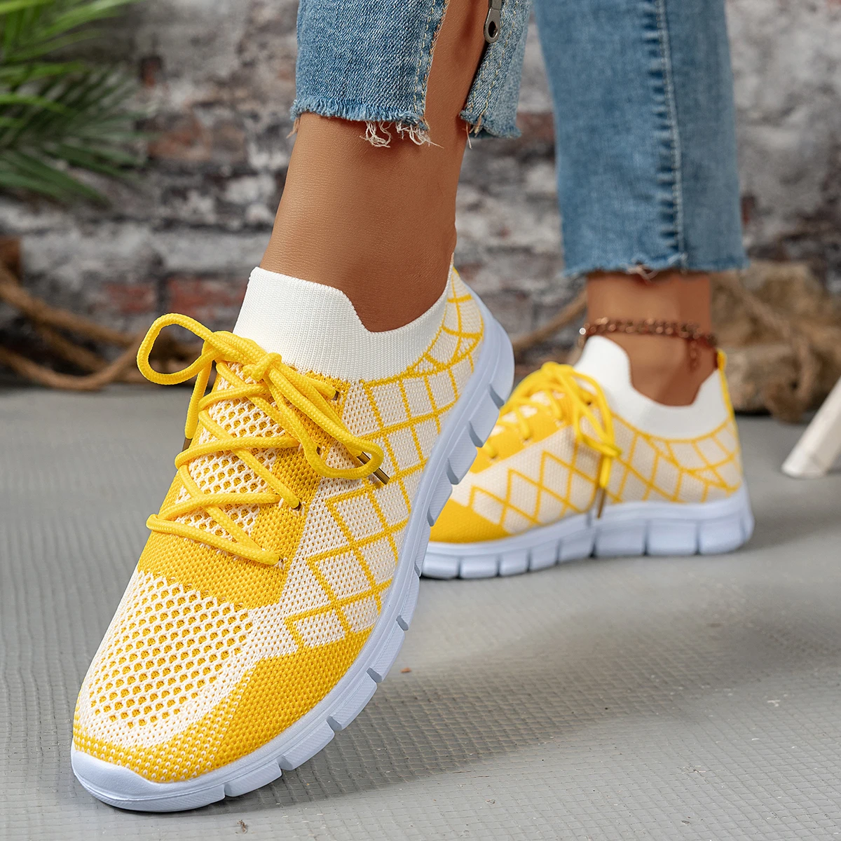 Women Knit Sock Sneakers, Rhombus Pattern Breathable Lightweight Comfortable Lace‑Up Flat Shoes Ladies Daily Casual Sport Shoes - view 5