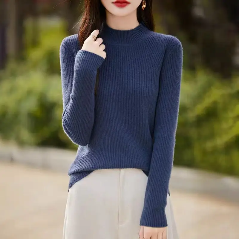 

Женская одежда, модные универсальные вязаные пуловеры с полувысоким воротником, осень-зима, новые элегантные тонкие однотонные свитера, офисный женский топ