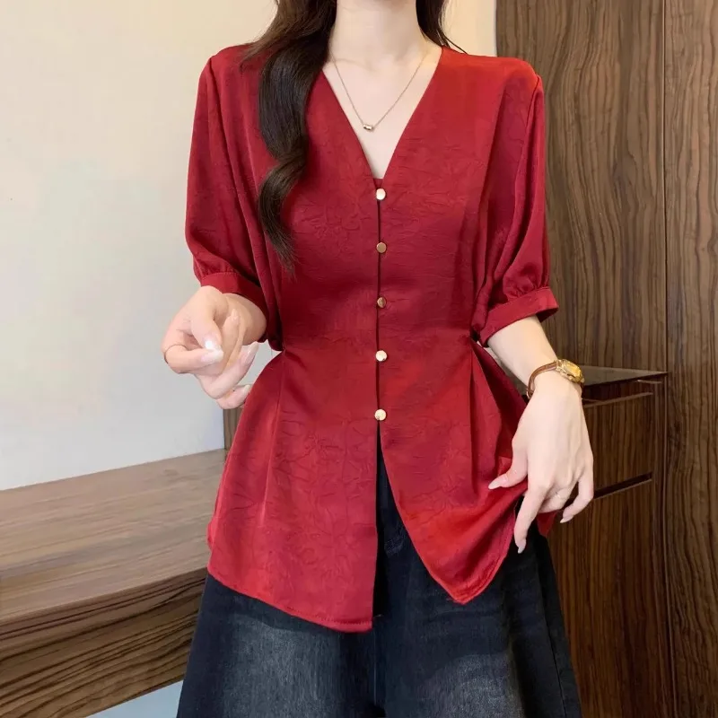 Women's Red Acetate Satin V Neck Puff Sleeve Blouse Plus Size Waist Cinching Curvy Friendly Elegant Summer Top