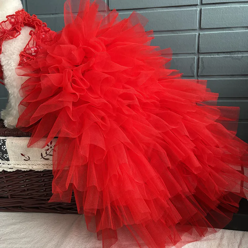 Luxury Red Handmade Dog Wedding Dress British Aristocratic Style Tiered Skirt European Palace Style Pet Gown with Trimmings
