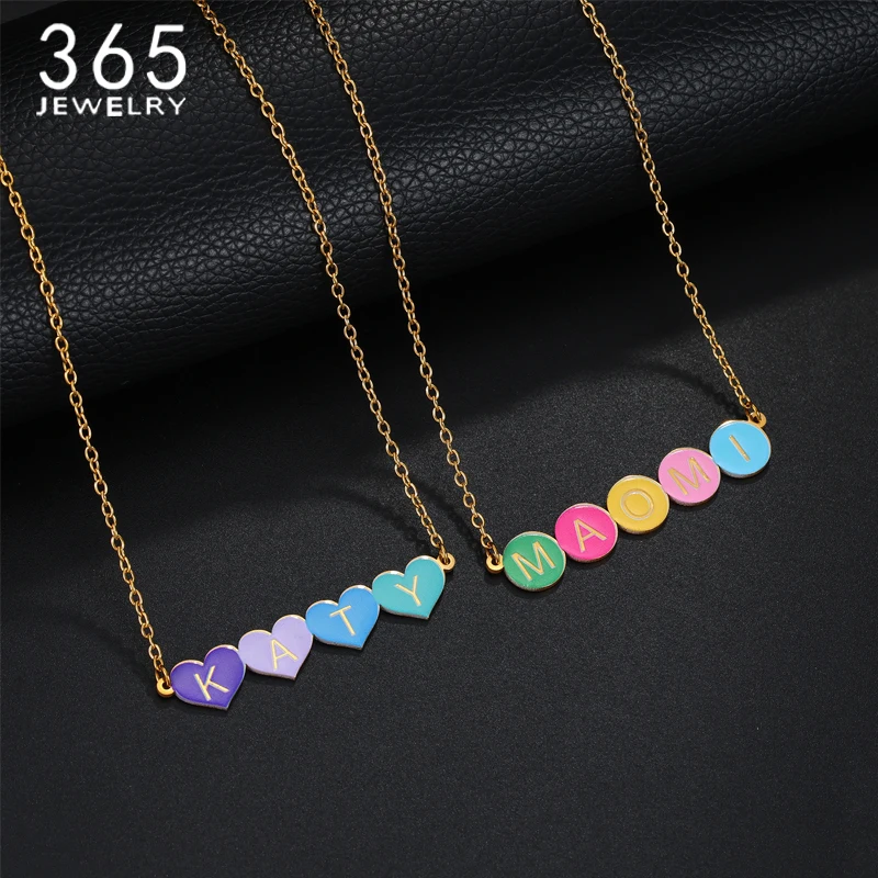 365 Personalized Custom Name Necklace for Women Stainless Steel  UV Printing Colorful Heart/Round Shaped Jewelry Birthday Gifts