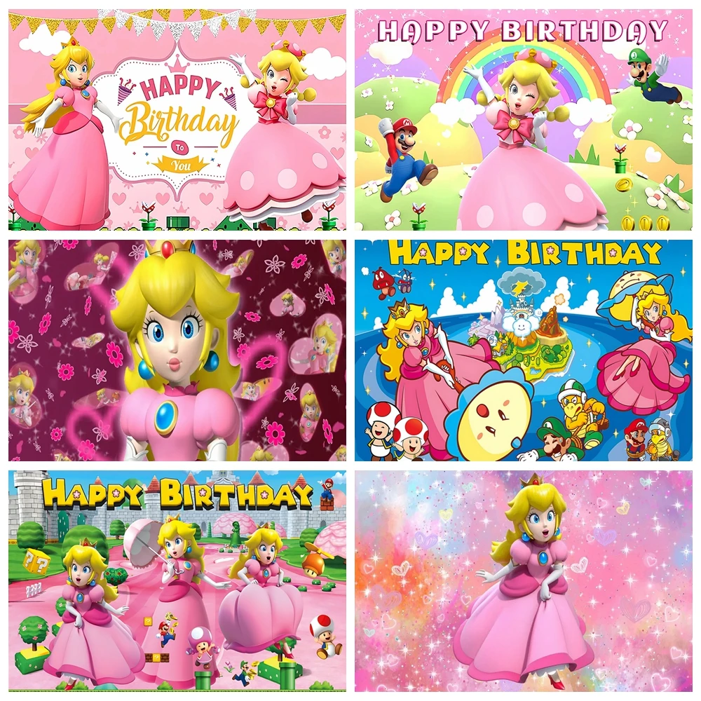 Pink Castle Crown Cake Birthday Party Backdrop Video Game Toad Blooper Star Custom Photo Booth Kids Baby Shower Banner Decor