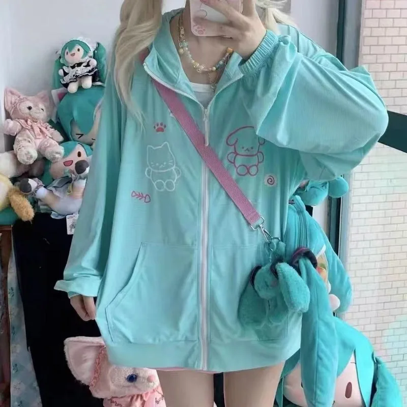 Women Cardigan Jacket Cute Kawaii Prints Zipper Sweatshirt Hooded Coats Pink Sunbreakers Tops Woman Clothing Y2K Streetwear Thin