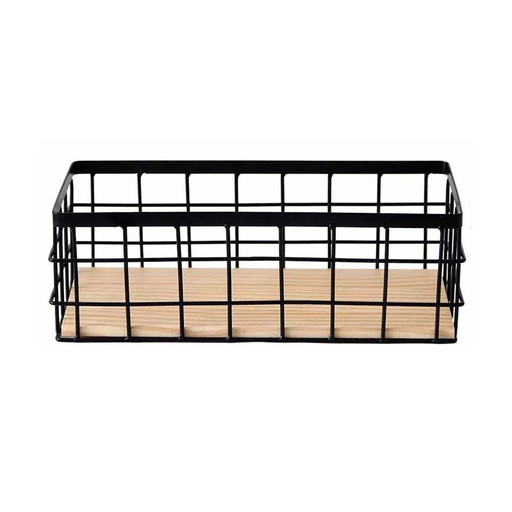 Metal Storage Basket Wood Base Wrought Iron Organizer Decorative Home Tableware Sundries Cosmetics Wall Decorations