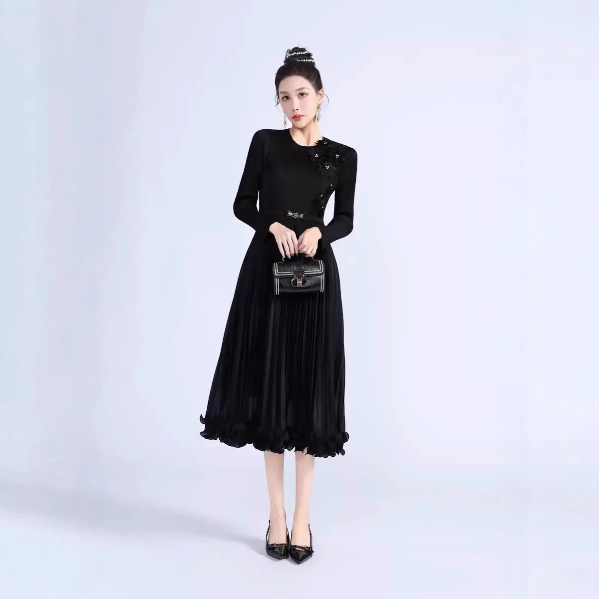 Miyake geplooide schimmelrand losse jurk driedimensionale bloemdecoratie slanke jurk dames