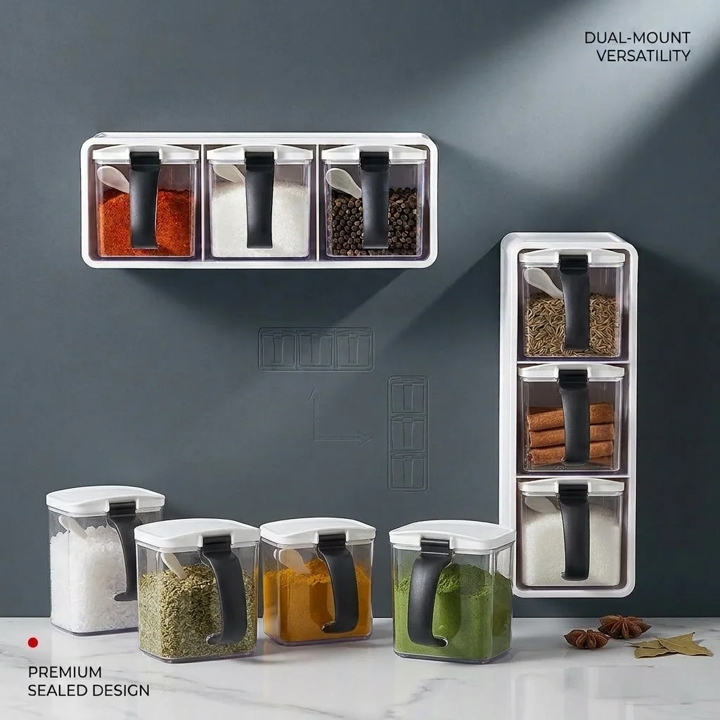 Spice Jars Set Three Compartment 390ml Wall Holding With Spoon Seasoning Jar Storage Containers Salt Sugar Pepper Spices Box