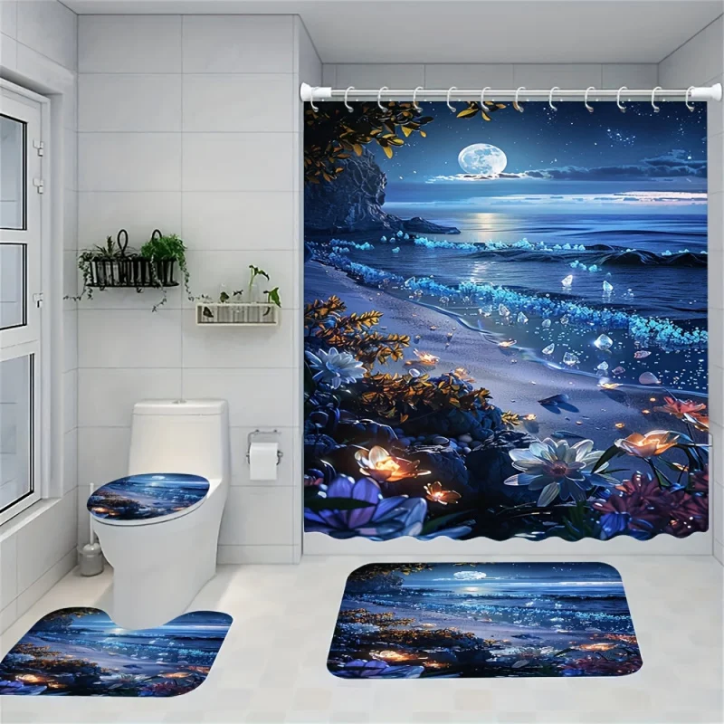 4pcs Moonlight Beach Print Shower Curtain Set, Decorative Bathroom Set Including Waterproof Shower Curtain, Non-slip Floor Mat