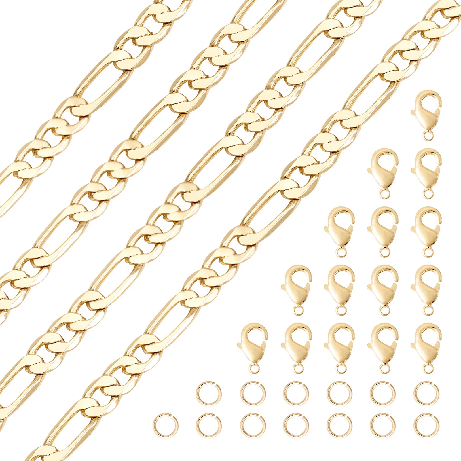 DIY Brass Figaro Chain Necklace Jewelry Kits including Brass Lobster Claw Clasps & Jump Rings Gold Plated for DIY Bracelet Craft