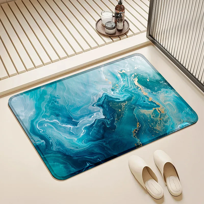

Teal Blue Gold Marble Door Mat Non-Slip Absorbent Microfiber Floor Rug for Home Bathroom Kitchen Decor