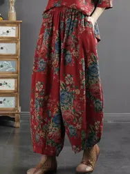 Super Oversized National Style Flower Cloth Lantern Pants 2024 New Autumn Elastic Waist Cotton Wide Leg Pants Loose Harem Pants