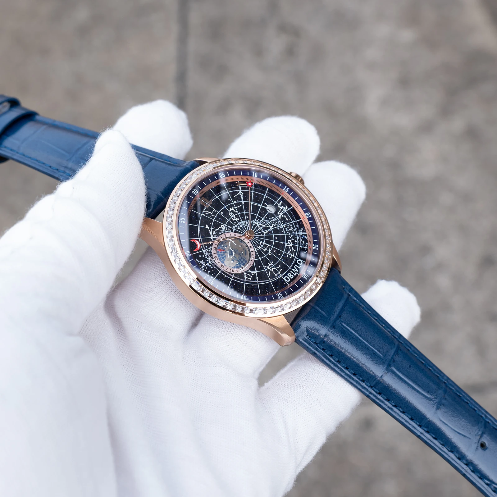 OBLVLO Men's Luxury Rose Gold Earth Star Mechanical Watch with Diamonds Bezel Blue Dial Automatic Leather Strap Timepiece GC-D