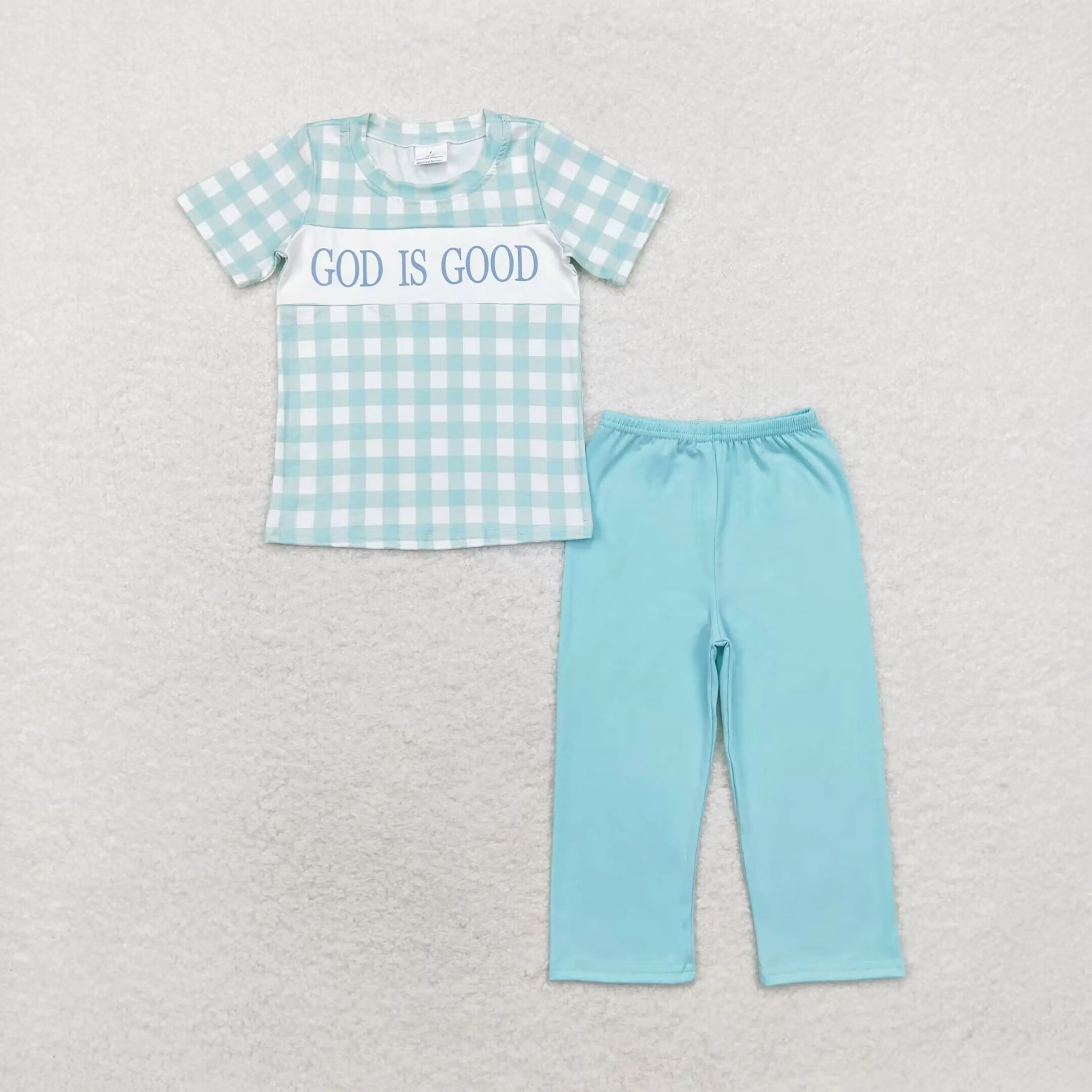 Wholesale Baby Boy Toddler Short Sleeves God Tops Blue Plaid Pants Set Pajamas Infant Kids Children Sleepwear Outfit