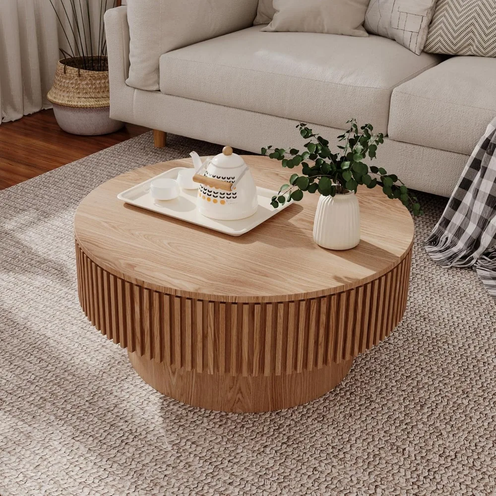 Round Coffee Table with Storage,31.5" Modern Solid Wood Veneered Drum Circle Side End Accent Center for Living Room, Small Space