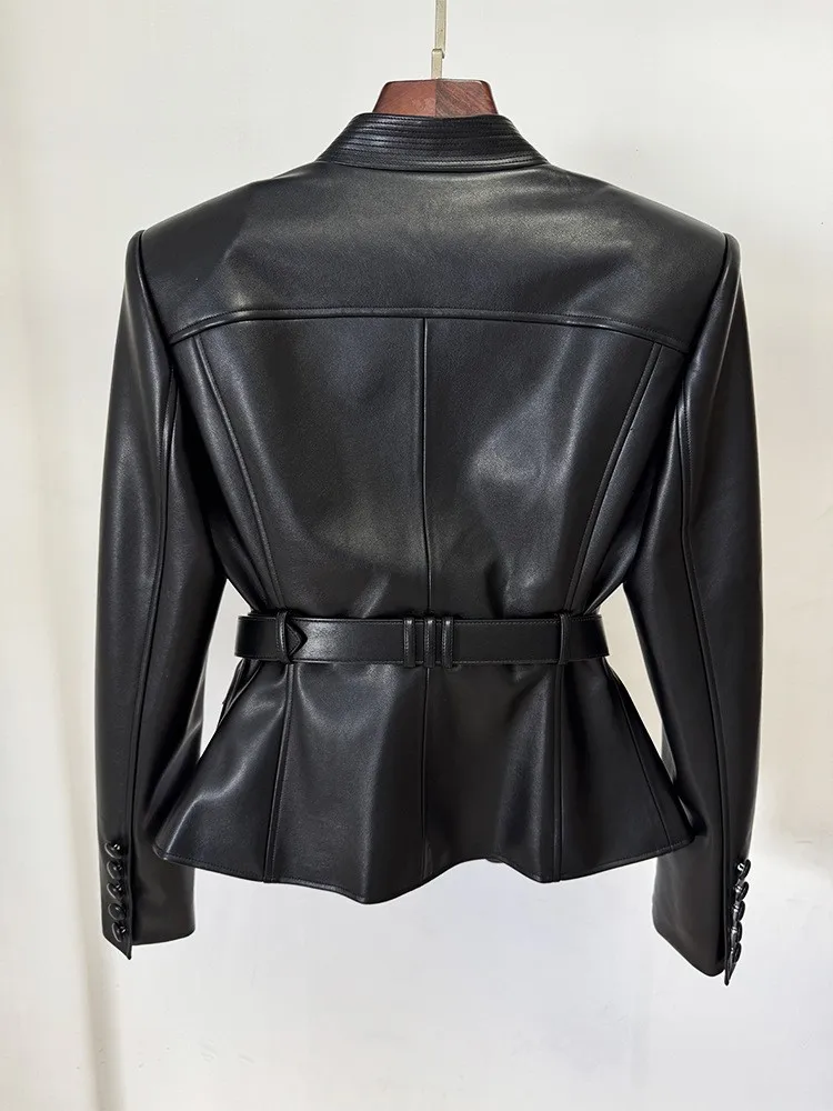 New British Style Elegant Women Fashion Covered Button Black Slim Fit Belt Jacket Long Sleeve V Neck Jackets Casual Female Coat