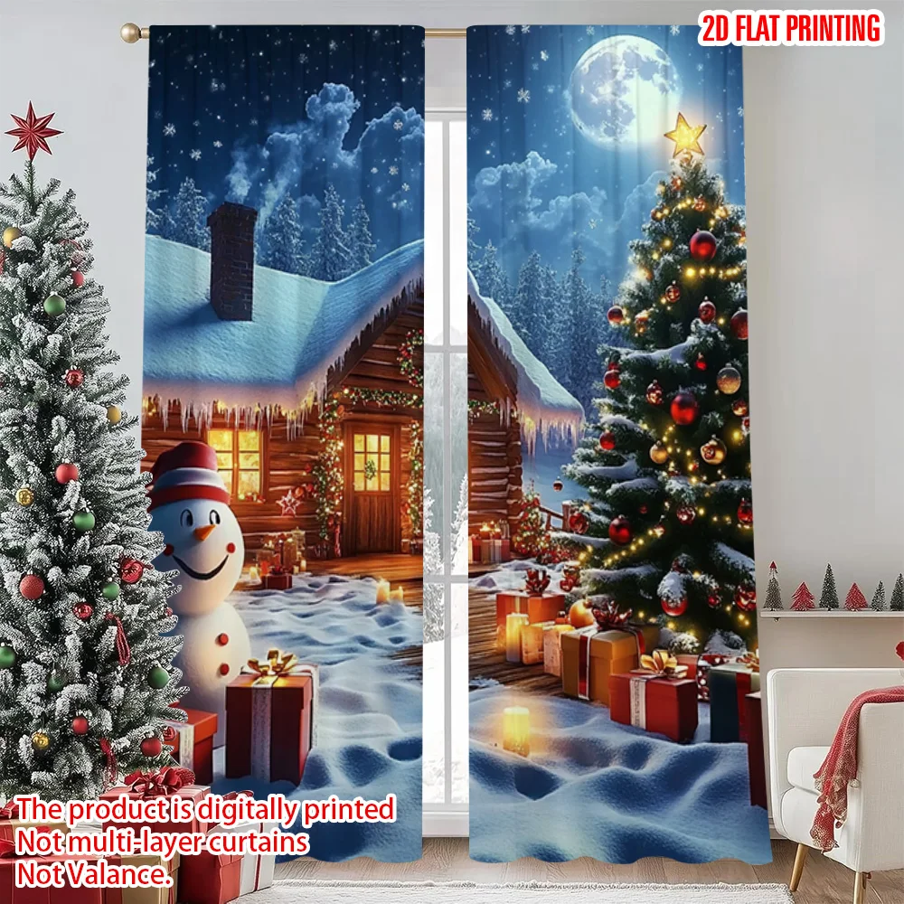 

2pcs 2D flat printing Merry Christmas Popular Window Curtains Holiday Snowman Versatile Fabric Without Electricity Family Party