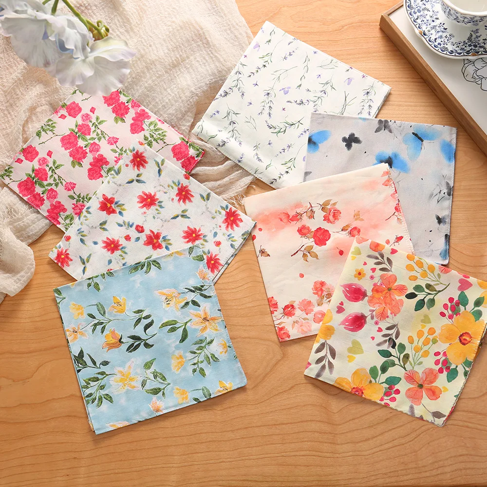 12pcs Pastoral Floral Print 34cm Cotton Handkerchief, Lightweight Soft Vintage Style Women Pocket Hankies Daily Hand Towels