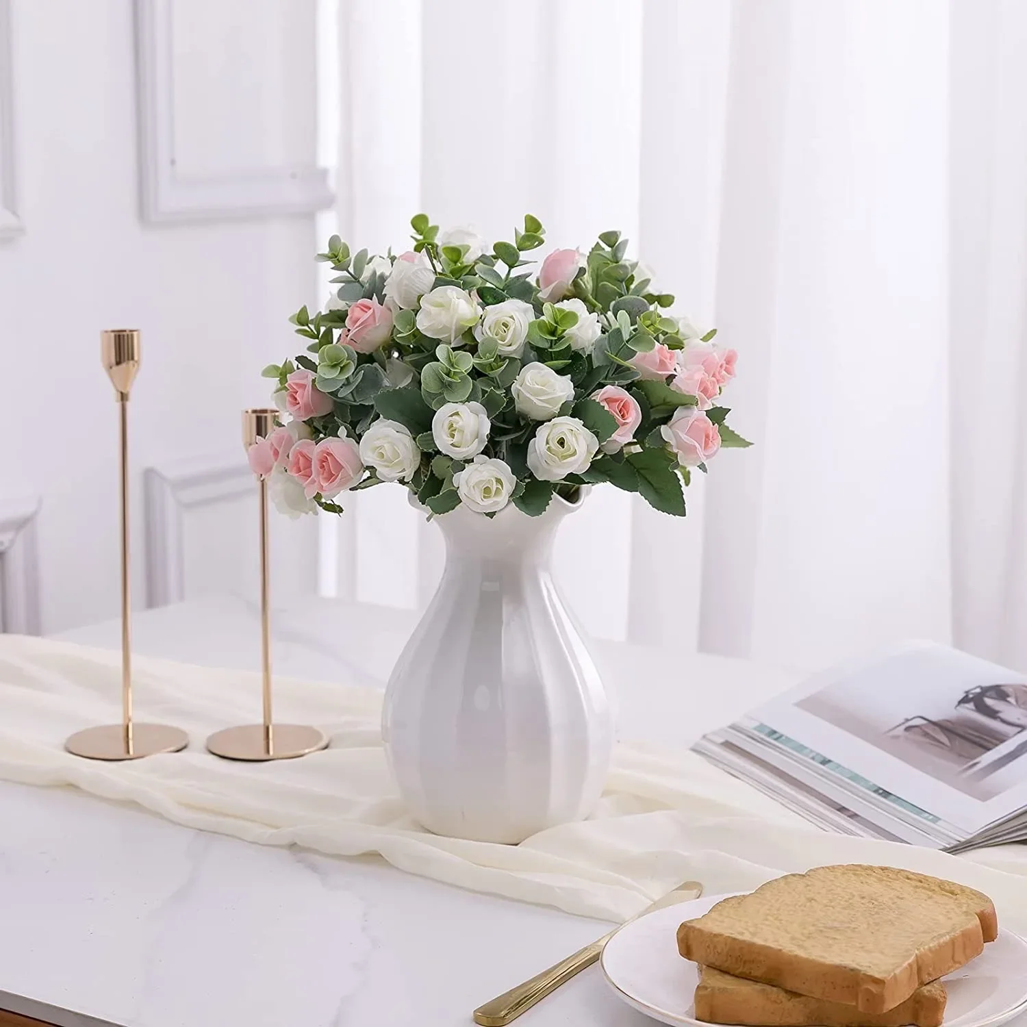 10 künstliche Blumenköpfe aus Seide, Rosen, weiße Eukalyptusblätter, Pfingstrosenstrauß, künstliche Blumen für Hochzeitstisch, Party, Vase, Heimdekoration – Detail 2