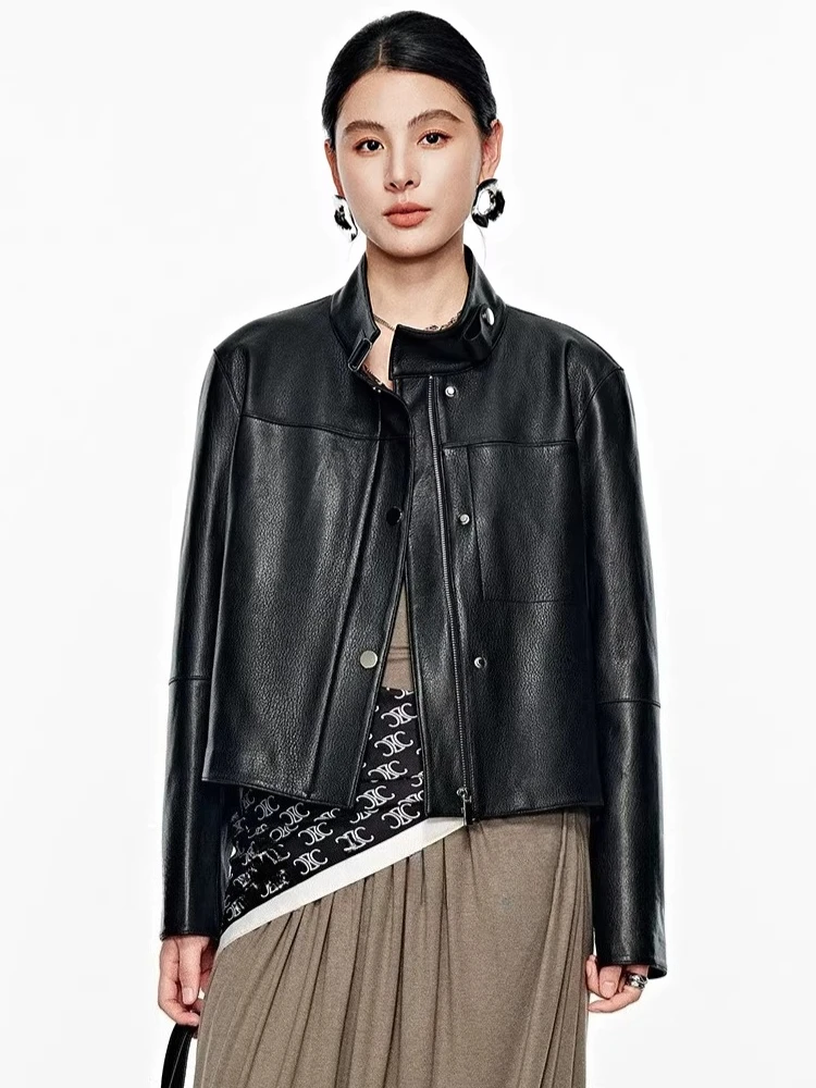 

Casual Short Genuine Leather Jacket for Women Spring Autumn High-end Simple Stand Collar Black Lychee Texture Real Goatskin Coat
