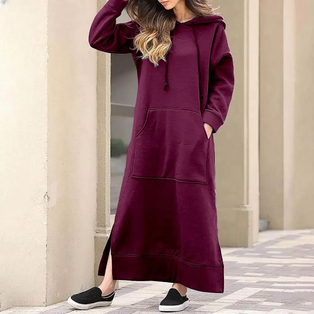 Women Hoodie Dress Elegant Maxi Dress with Hooded Sweatshirt Design Women\'s Autumn Winter Solid Color Long Sleeve Dress