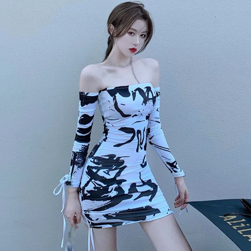 

Women's Dress Fashion Tie-dyed Off Shoulder Sexy Tight Strapless Long-sleeved Dress Clubwear