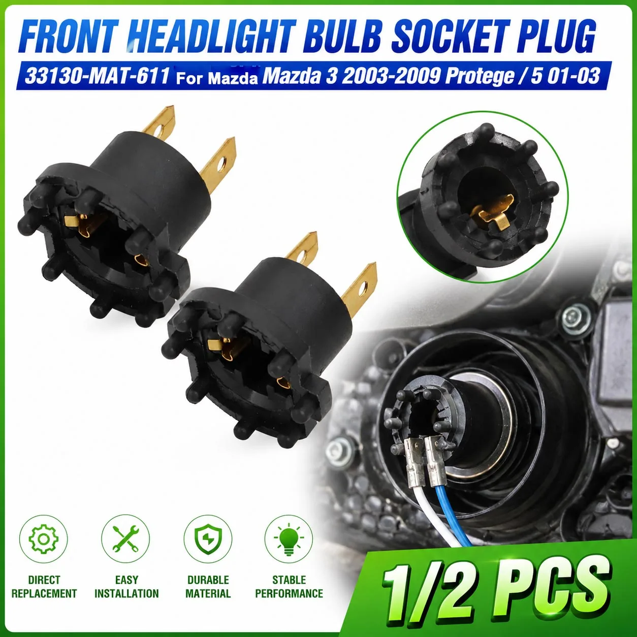 1/2 Pcs Front Headlight Bulb Socket Plug 33130-MAT-611 For Mazda Mazda 3 2003-2009 Protege / 5 2001-2003