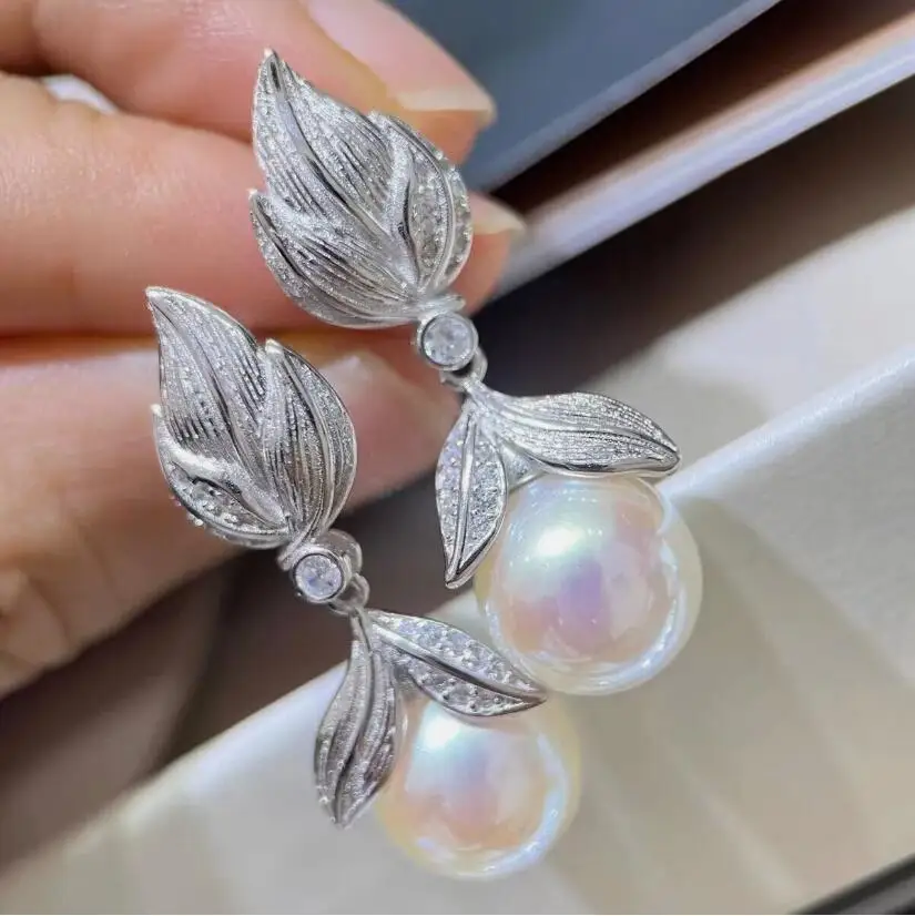

elegant 10-11mm 9-10mm south sea round white pearl dangle earring 925s