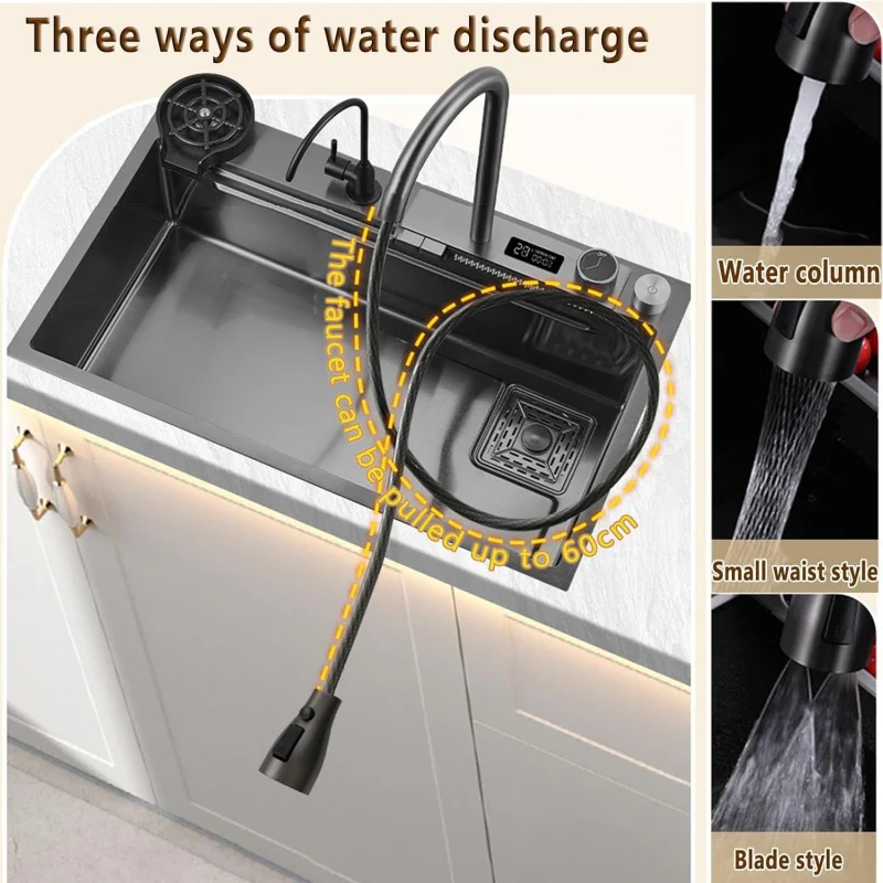 

(UUT)Кухонная раковина с цифровым дисплеем, водопад из нержавеющей стали, рабочая станция, умывальник с выдвижной чашкой для смесителя (75x46 см) EG