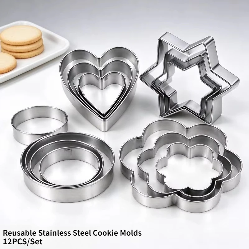 12PCS/Set Reusable Stainless Steel Cookie Molds Round Heart Star Floral Shapes Mini Cookie Cutters for Holiday Cake Baking