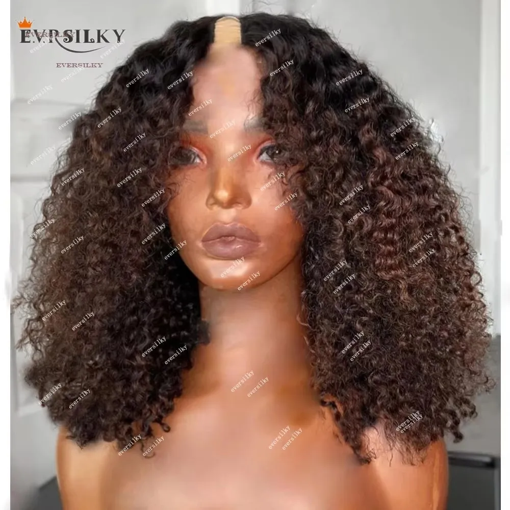 

Ombre Caramel Blonde Kinky Curly V Part Wigs 100% Virgin Human Hair Natural Chocolate Brown Water Wave Full U Shape Wig 250%