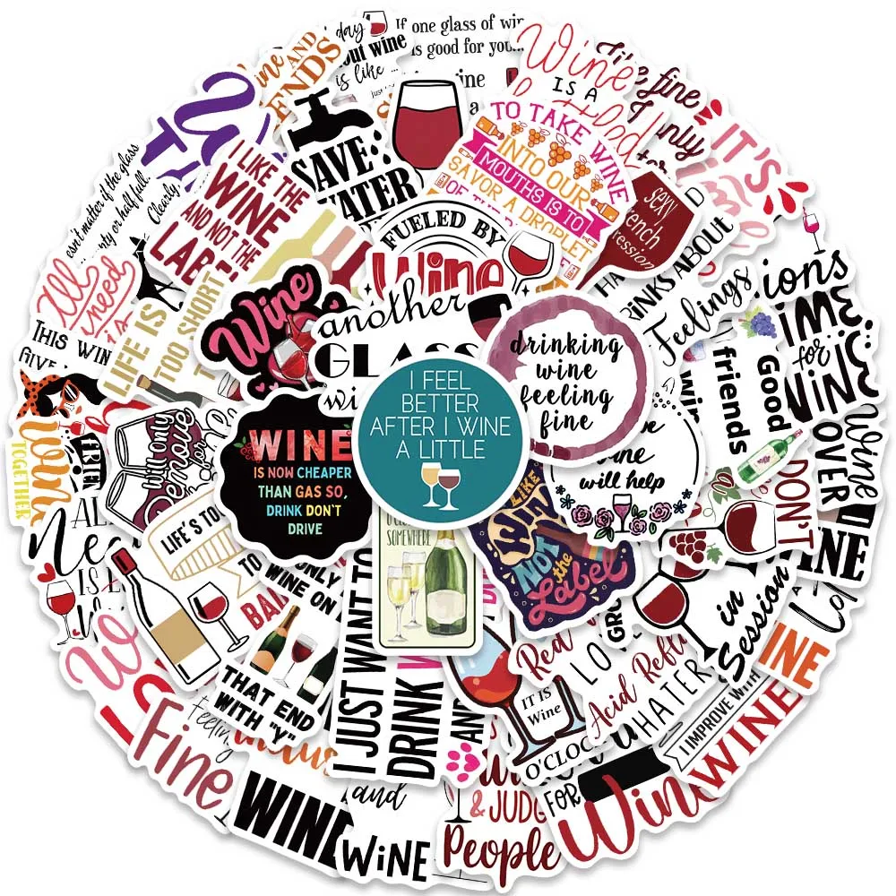 

50pcs Vinyl Laptop Decals Funny Cartoon Wine Quotes Stickers For Luggage Guitar Diary Phone Skateboard Waterproof Graffiti