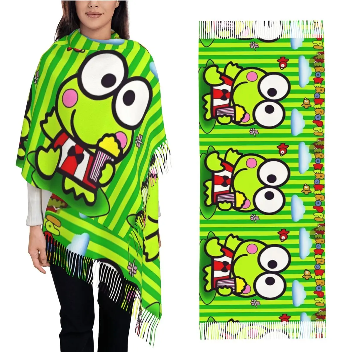 MINISO Sanurgente Keroppi-Écharpe Chaude et Douce Unisexe, Grand Châle Imprimé avec Long Pompon, Mignon, Dessin Animé, Grenouille, Automne