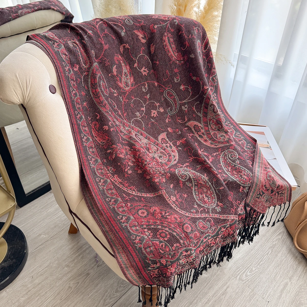 Neue Mode Damen Faux Kaschmir Winter Wrap Vintage Print Quasten Dicke Warme Pashmina Zweiseitiger Schal Outdoor Schals Foulard – Detail 18