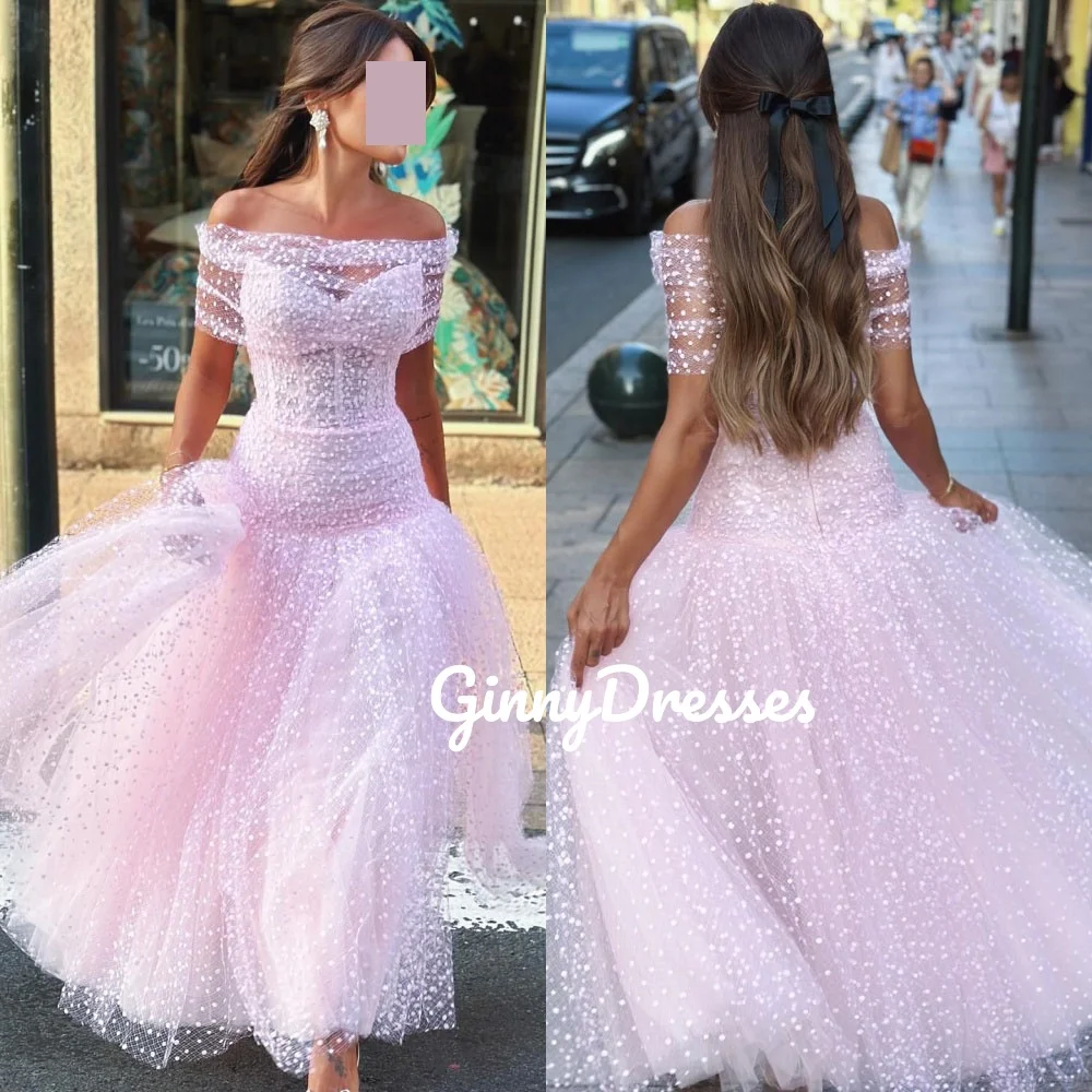 

Роскошные вечерние платья на заказ в Дубае А-силуэта с открытыми плечами длиной до пола, свадебное платье, кружевные платья с короткими рукавами