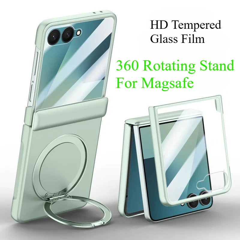 

360 Rotating Stand Tempered Glass Film Case For Samsung Galaxy Z Flip 7 Luxury Skin For Magsafe Ring Holder Magnetic Back Cover