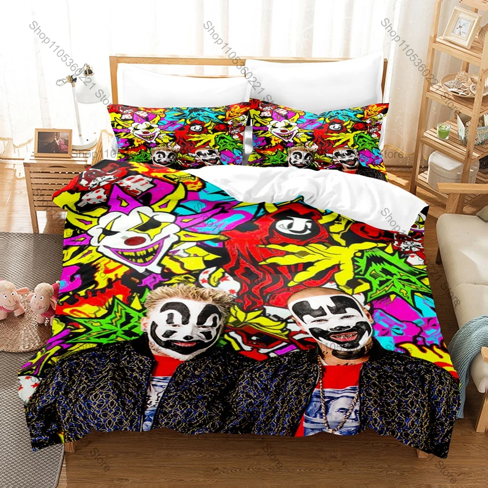 Cool Insane Clown Posse ICP Bedding Set Duvet Cover + 2 Pillowcases Juggalo Horror Hip Hop Hatchetman Dark Carnival Bedroom Deco