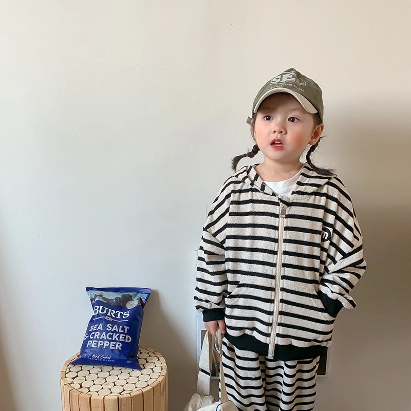 Boy Girls Suit 2024 New Korean Style Autumn Striped Towels Fabric Cute Trendy Fashion All-Matching