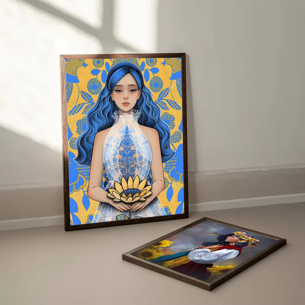 Ukraine Flag Girl Pattern Classic Anime Poster Self-adhesive Art Waterproof Paper Sticker Coffee House Bar Room Wall Decor