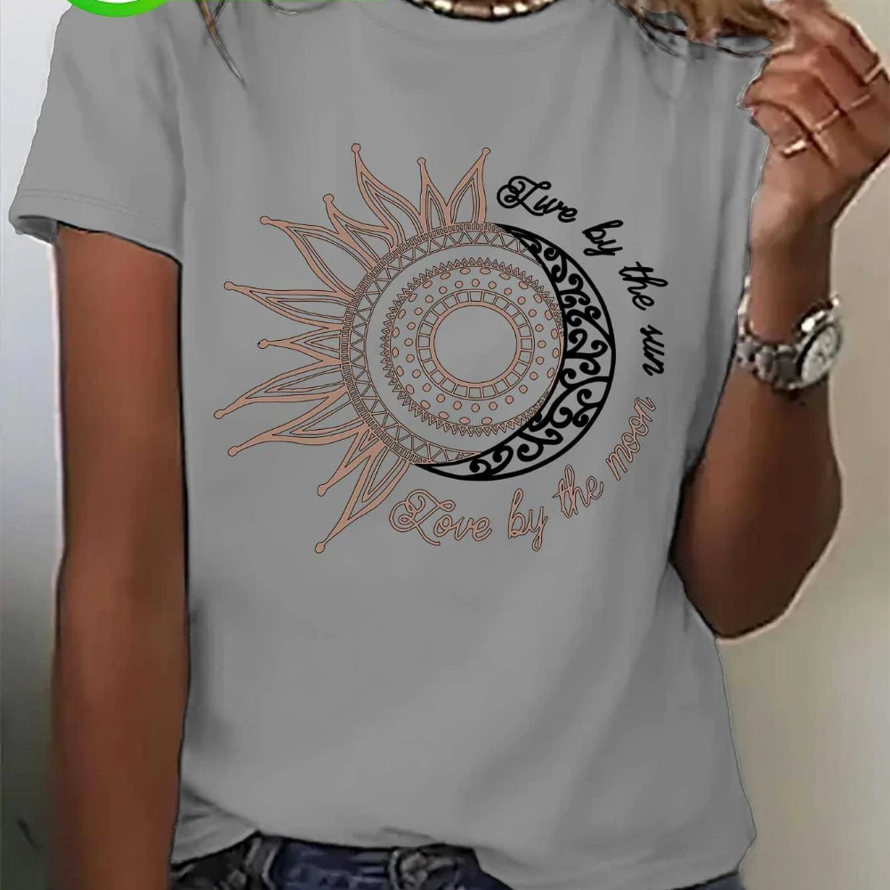 Dames casual T-shirt met korte mouwen en inspirerende zon en maan print ronde hals mode top dames T-shirts