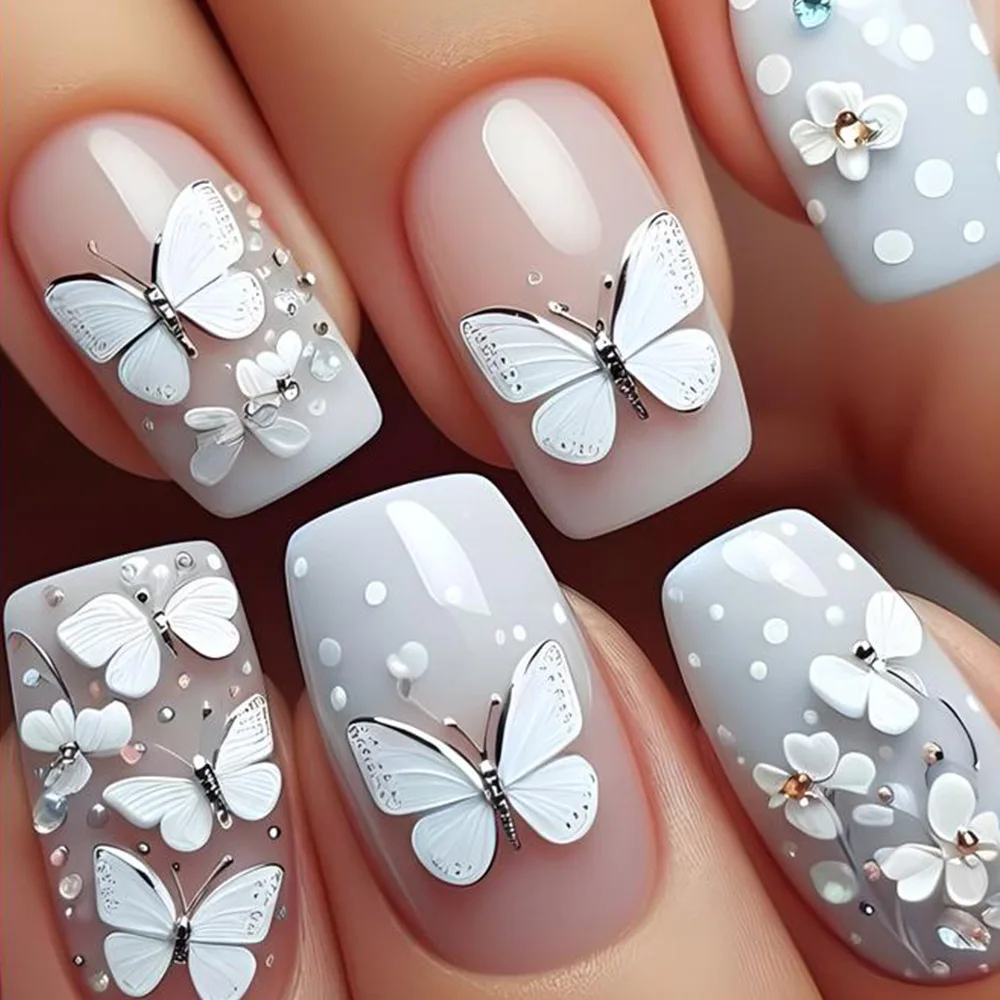 

24pcs White Gradient Press on False Nails 3D Butterfly Design Short Square Fake Nails Set Pearl Full Cover Nail Tips Datachable