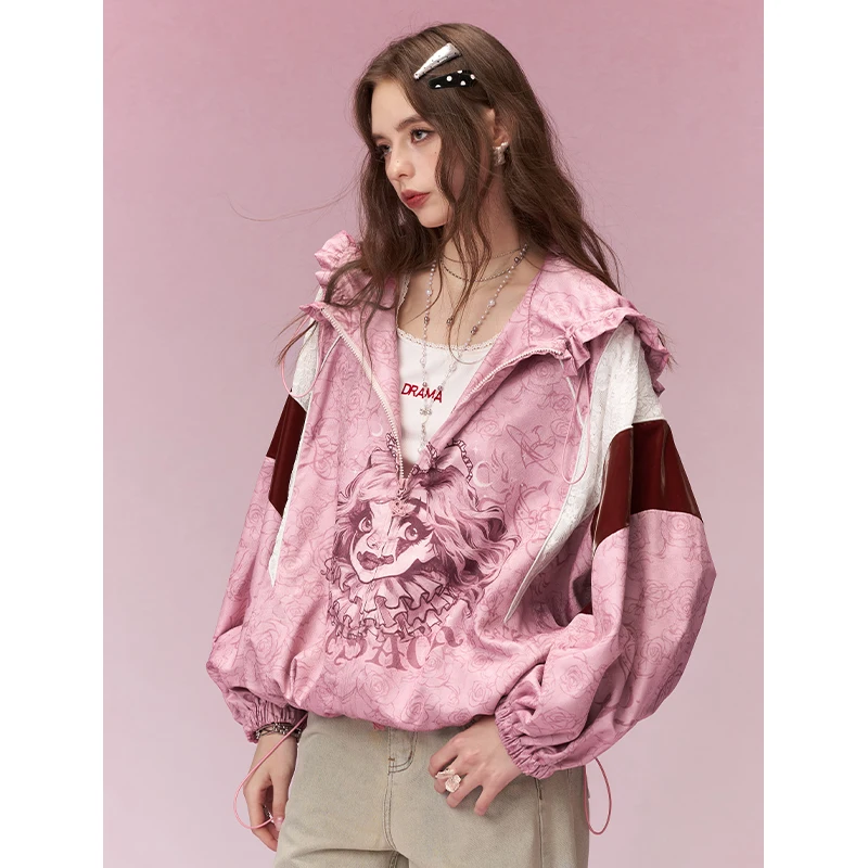 ELFSACK Sweet Cool Clown Girl Print Ruffle Hooded Jacket For Women