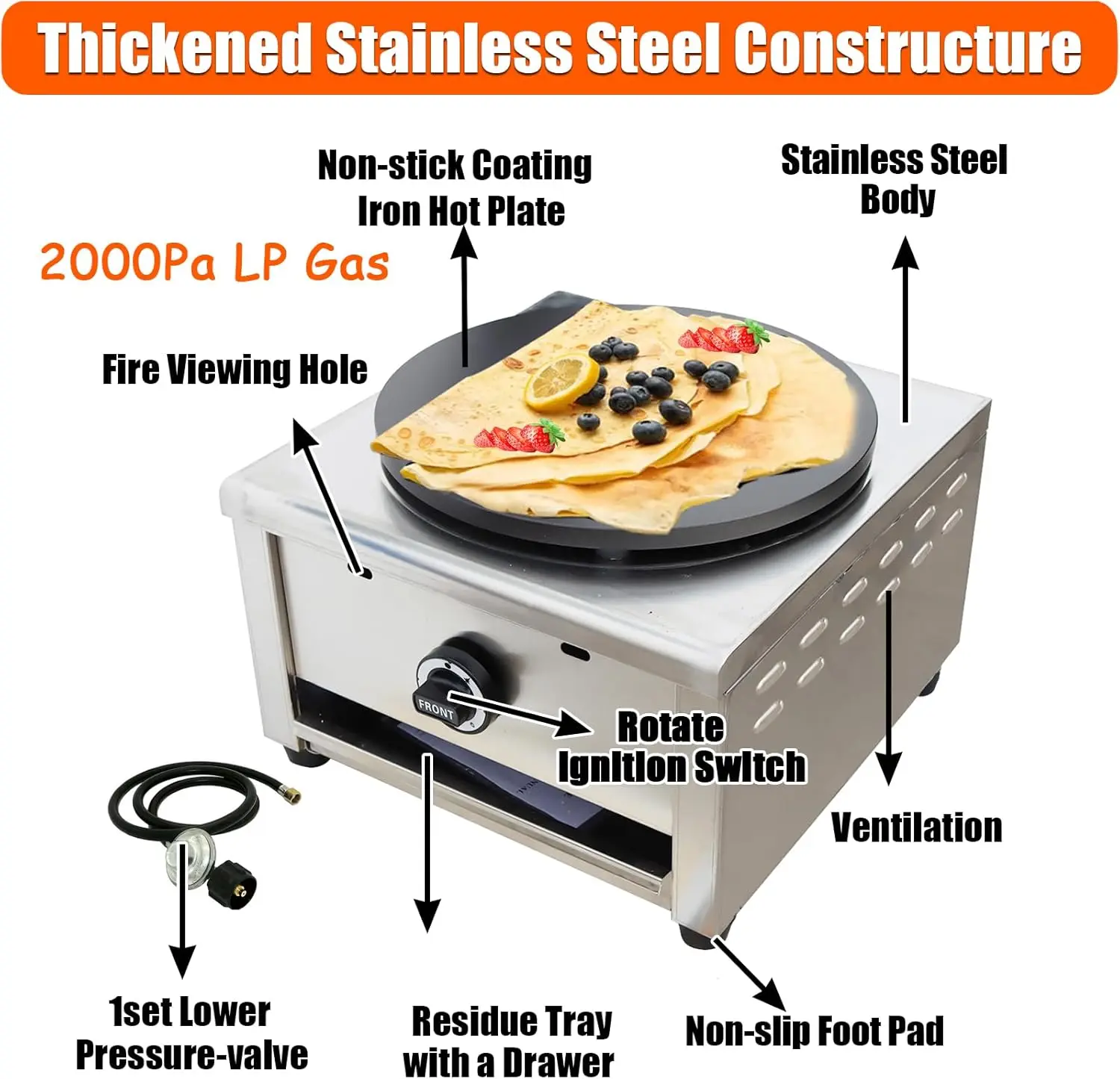 Commercial Gas Crepe Makers เครื่อง LPG แก๊สเครื่องแพนเค้ก Griddle Maker เครื่องวาล์วความดันต่ําสําหรับ Blintzes, ไข่