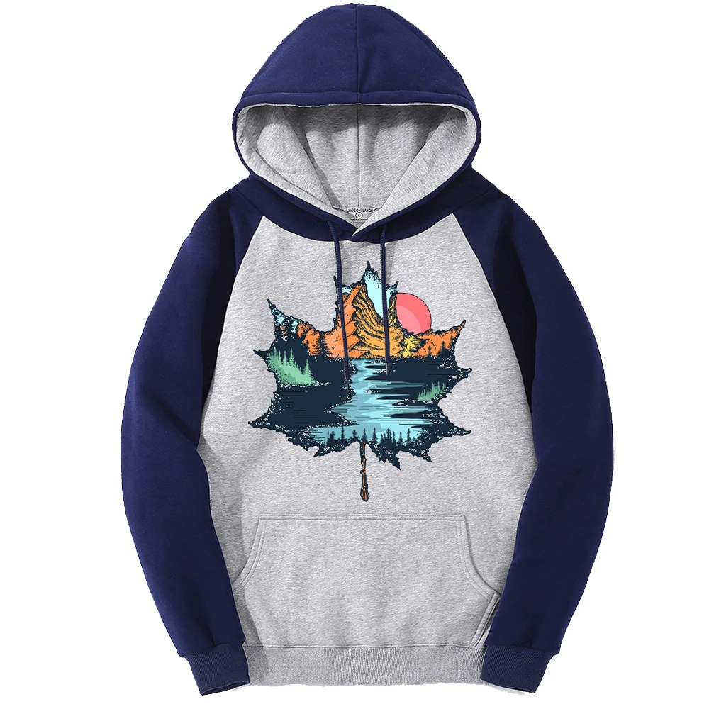 Maple Leaves River Valley Scenery Printing Men Raglan Hoodies Hip Hop Street Hoodie Pocket Fleece Streetwear Multicolor Pullover