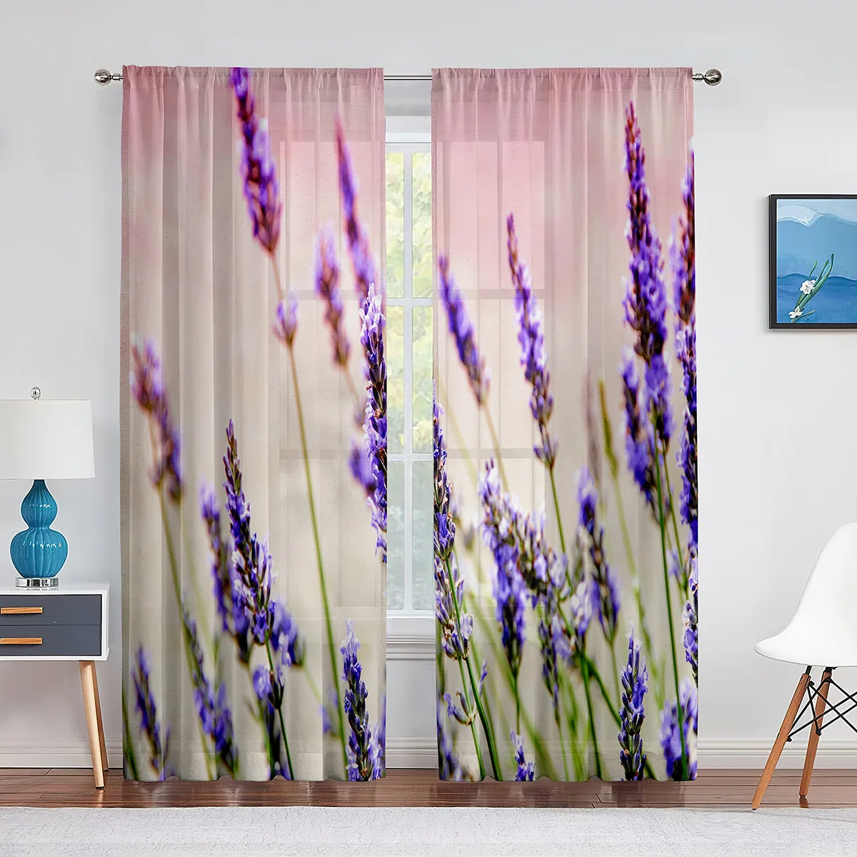 Rustic Lilac Flower Purple Lavender Floral Sheer Curtains for Living Room Bedroom Kitchen Tulle Voile Curtains Windows Drape 2pc