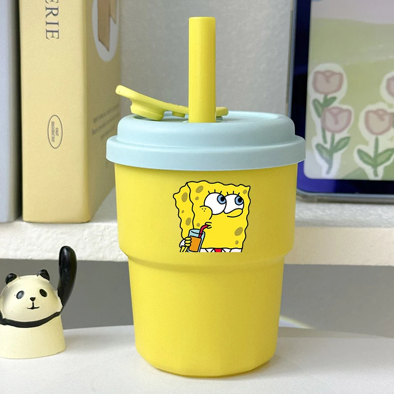 380ML SpongeBob SquarePants Silicone Water Cup Boy Girl Portable Cute Cup with Straw Leakproof Sport Water Bottle Birthday Gift