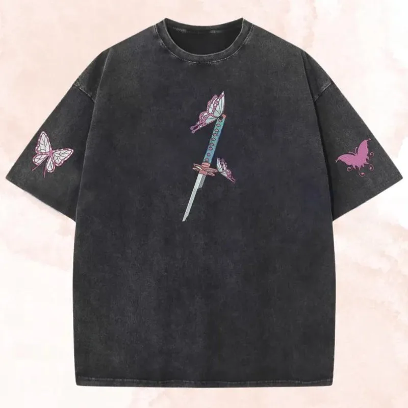 Kochou Shinobu Demon Slayer T-shirt Anime Cute Graphic lavato T-shirt oversize Uomo Donna Abbigliamento Manica corta in cotone morbido Tees